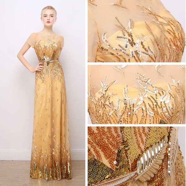 Sparkly Evening Dresses 2017 Lace Sequins Appliques Metal Sash Short Sleeve Scoop Neck Backless Floor-Length / Long Gold Sheath / Fit