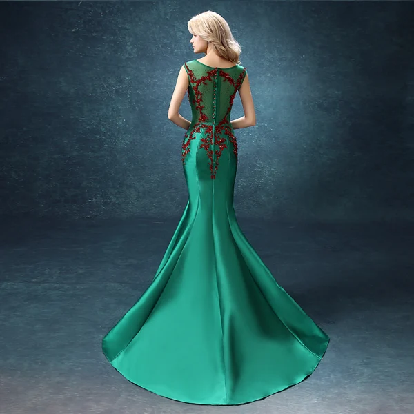 Chic / Belle Robe De Soirée 2017 Vert Foncé Tribunal Train Trompette / Sirène Encolure Dégagée Sans Manches Dos Nu Faux Diamant Perlage Paillettes Perle