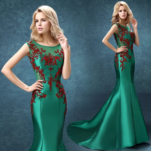 Chic / Belle Robe De Soirée 2017 Vert Foncé Tribunal Train Trompette / Sirène Encolure Dégagée Sans Manches Dos Nu Faux Diamant Perlage Paillettes Perle