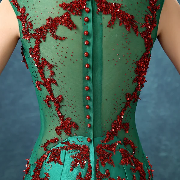 Chic / Belle Robe De Soirée 2017 Vert Foncé Tribunal Train Trompette / Sirène Encolure Dégagée Sans Manches Dos Nu Faux Diamant Perlage Paillettes Perle