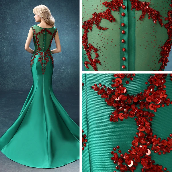 Chic / Belle Robe De Soirée 2017 Vert Foncé Tribunal Train Trompette / Sirène Encolure Dégagée Sans Manches Dos Nu Faux Diamant Perlage Paillettes Perle