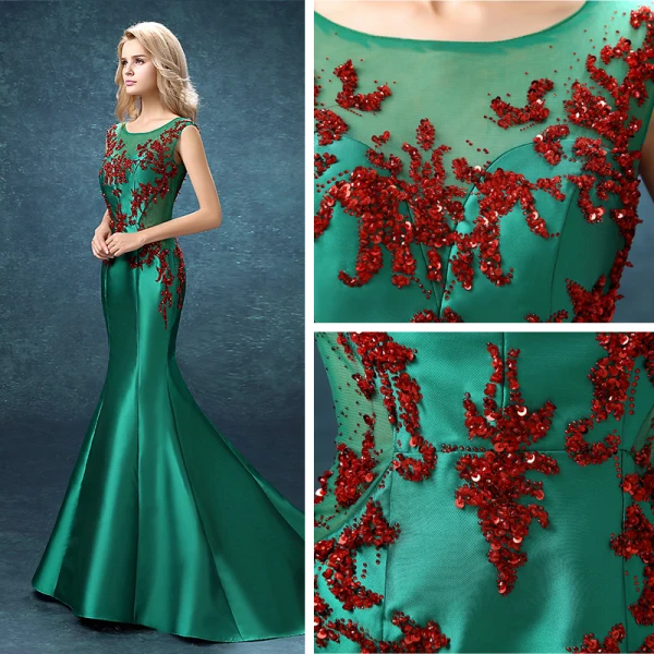 Chic / Belle Robe De Soirée 2017 Vert Foncé Tribunal Train Trompette / Sirène Encolure Dégagée Sans Manches Dos Nu Faux Diamant Perlage Paillettes Perle