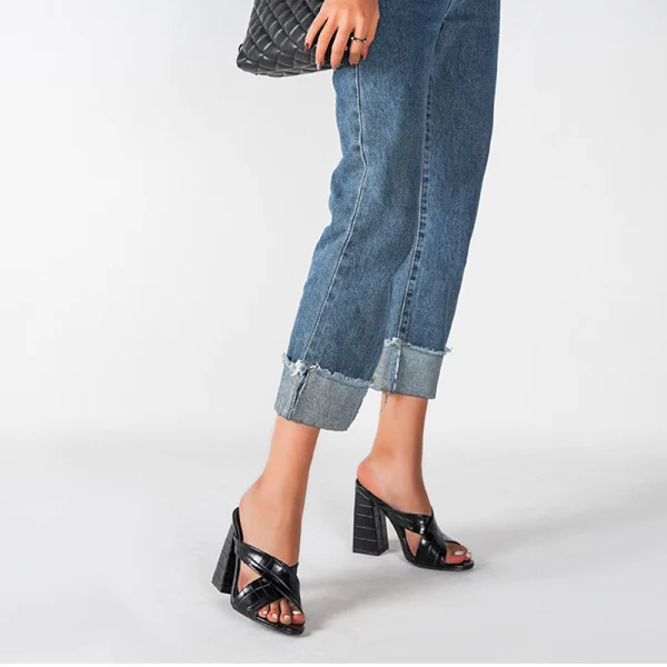 Schlicht Schwarz Freizeit Sandalen Damen Hochhackige 2022 11 cm Thick Heels Peeptoes Sandaletten