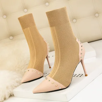 Fashion Khaki Evening Party Rivet Sock Boots 2022 9 Cm Stiletto Heels Pointed Toe Womens Boots