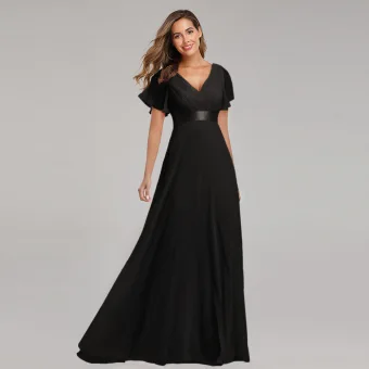 Modest Simple Black Bridesmaid Dresses 2023 A Line Princess V Neck Short Sleeve Backless Sash Floor Length Long Bridesmaid Dresses