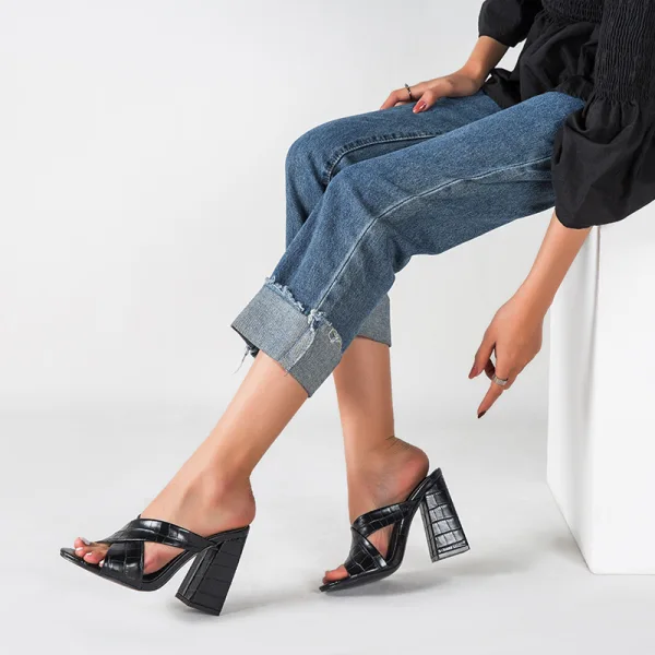 Schlicht Schwarz Freizeit Sandalen Damen Hochhackige 2022 11 cm Thick Heels Peeptoes Sandaletten