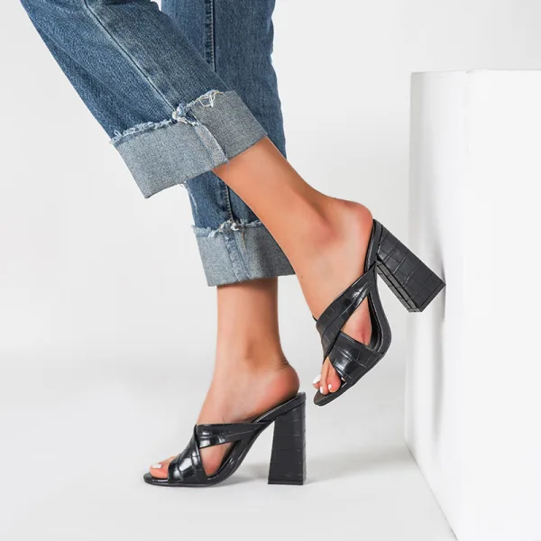 Schlicht Schwarz Freizeit Sandalen Damen Hochhackige 2022 11 cm Thick Heels Peeptoes Sandaletten