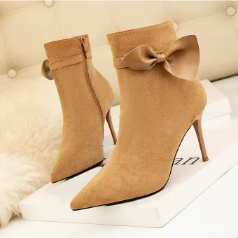 Fashion Brown Bow Street Wear Womens Boots 2022 8 Cm Stiletto Heels Pointed Toe Boots