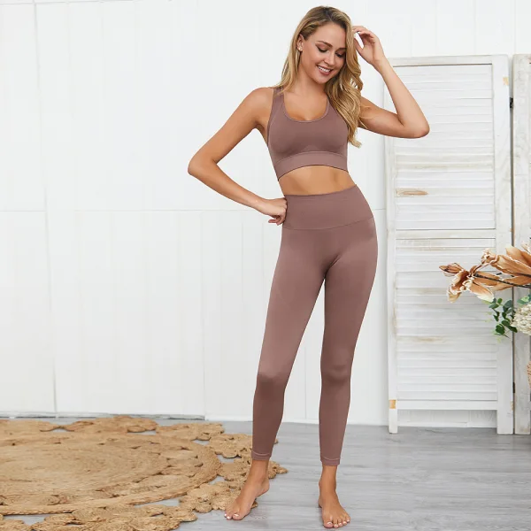Einfarbig Champagner Nylon Yoga & Sport Set 2021 Fest U-Ausschnitt Ärmellos Figurbetontes Leggings