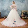 Amazing / Unique Outdoor / Garden Wedding Dresses 2017 White Ball Gown Chapel Train 1/2 Sleeves Scoop Neck Backless Lace Appliques