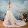 Amazing / Unique Outdoor / Garden Wedding Dresses 2017 White Ball Gown Chapel Train 1/2 Sleeves Scoop Neck Backless Lace Appliques