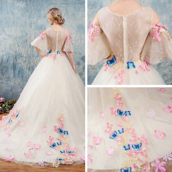 Amazing / Unique Outdoor / Garden Wedding Dresses 2017 White Ball Gown Chapel Train 1/2 Sleeves Scoop Neck Backless Lace Appliques