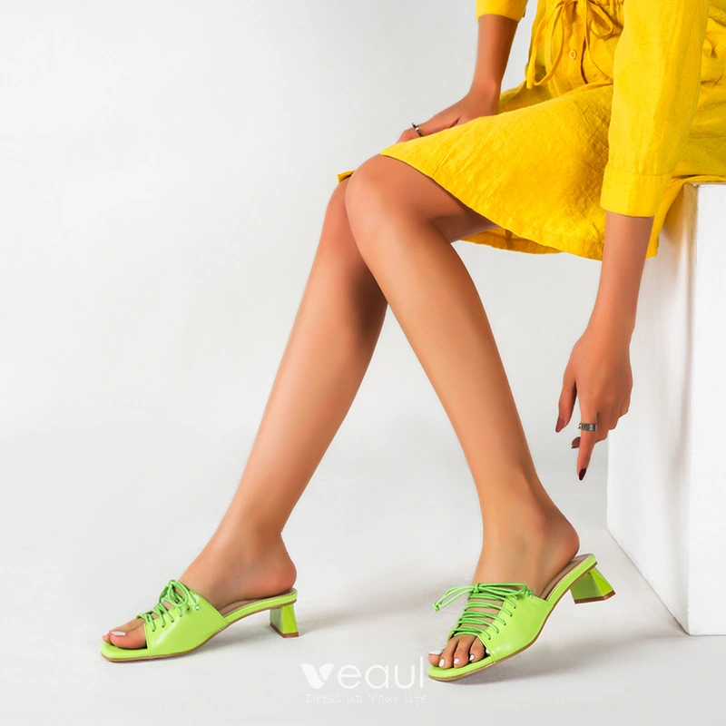 Modest / Simple Lime Green Casual Lace-up Womens Sandals 2022 5 cm Thick  Heels Open / Peep Toe Sandals High Heels