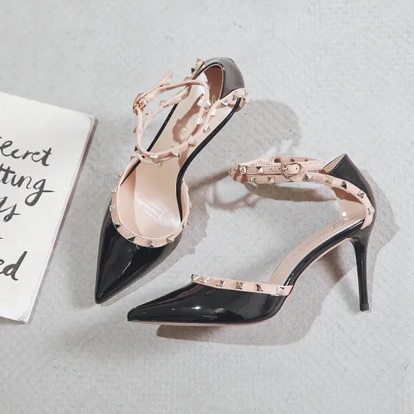 Charmant Rot Abend Niet Sandalen Damen 2023 8 cm Stilettos Knöchelriemen Spitzschuh Sandaletten Hochhackige