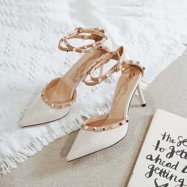 Charmant Rot Abend Niet Sandalen Damen 2023 8 cm Stilettos Knöchelriemen Spitzschuh Sandaletten Hochhackige