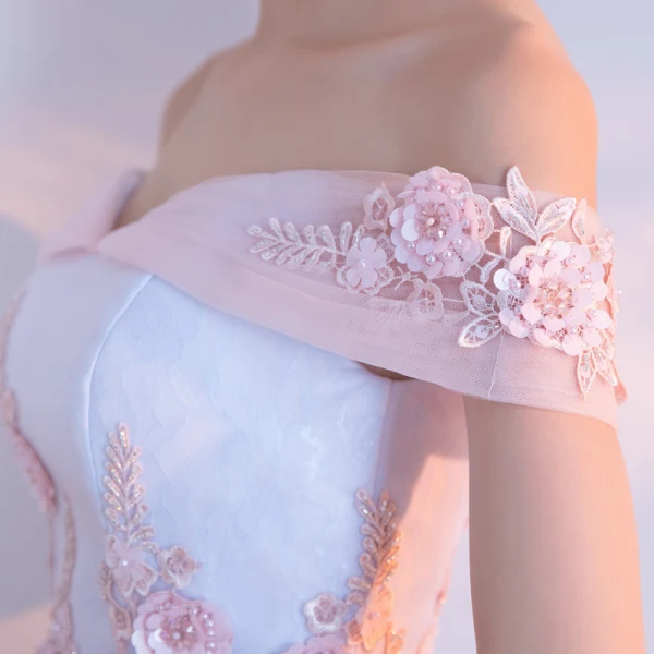 Chic / Belle Robe De Bal 2017 Rougissant Rose Princesse Longue De l'épaule Manches Courtes Dos Nu Paillettes Perle Perlage En Dentelle Appliques Robe De Ceremonie