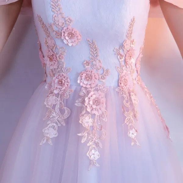 Chic / Belle Robe De Bal 2017 Rougissant Rose Princesse Longue De l'épaule Manches Courtes Dos Nu Paillettes Perle Perlage En Dentelle Appliques Robe De Ceremonie