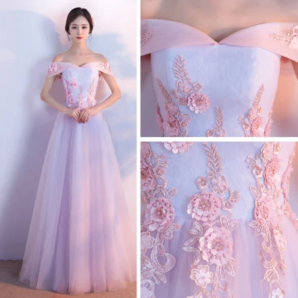 Chic / Belle Robe De Bal 2017 Rougissant Rose Princesse Longue De l'épaule Manches Courtes Dos Nu Paillettes Perle Perlage En Dentelle Appliques Robe De Ceremonie
