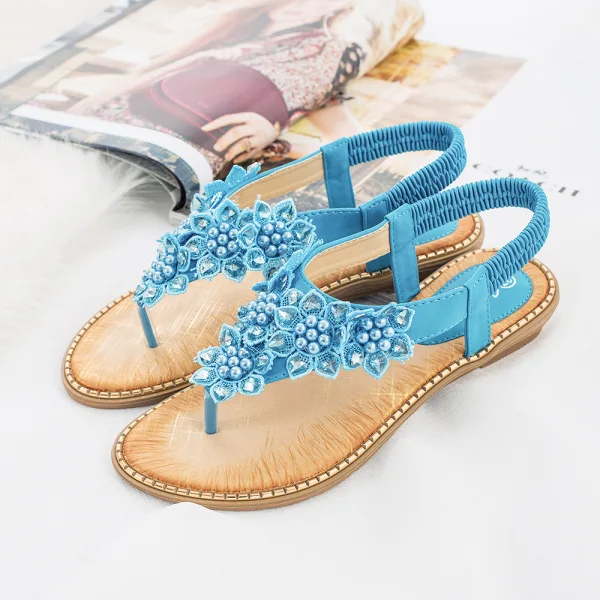 Böhmen Beige Strand Sommer Sandalen Damen 2020 Perle Strass Peeptoes Flache Sandaletten