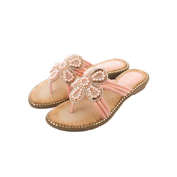 Chic / Beautiful Summer Black Casual Flat Womens Sandals 2020 Pearl Rhinestone Open / Peep Toe Sandals