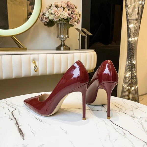 Fashion Burgundy Office OL Pumps 2020 Patent Leather 10 cm Stiletto Heels Pointed Toe Pumps