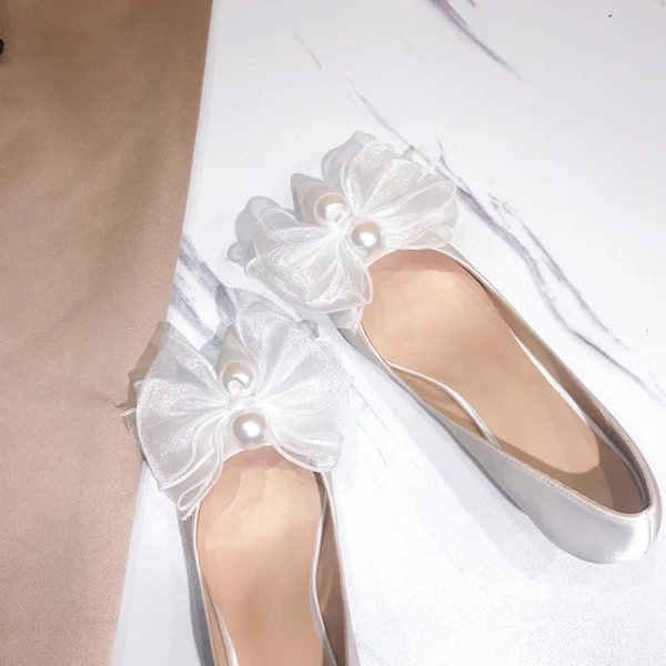 Chic / Beautiful Ivory Satin Wedding Shoes 2020 Pearl 8 cm Stiletto Heels Pointed Toe Wedding Pumps