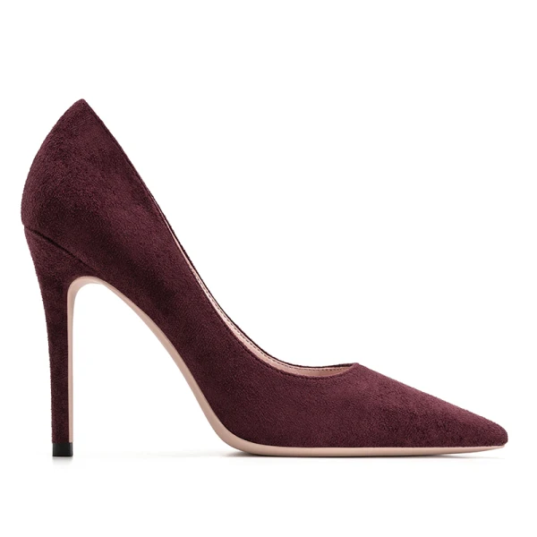 Schöne Burgunderrot Abend Leder Wildleder Pumps 2021 10 cm Stilettos Hochhackige Spitzschuh Pumps