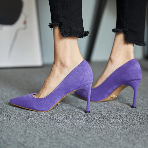 Simple Lilas Bureau OL Daim Escarpins 2021 7 cm Talons Aiguilles À Bout Pointu Escarpins Talons Hauts