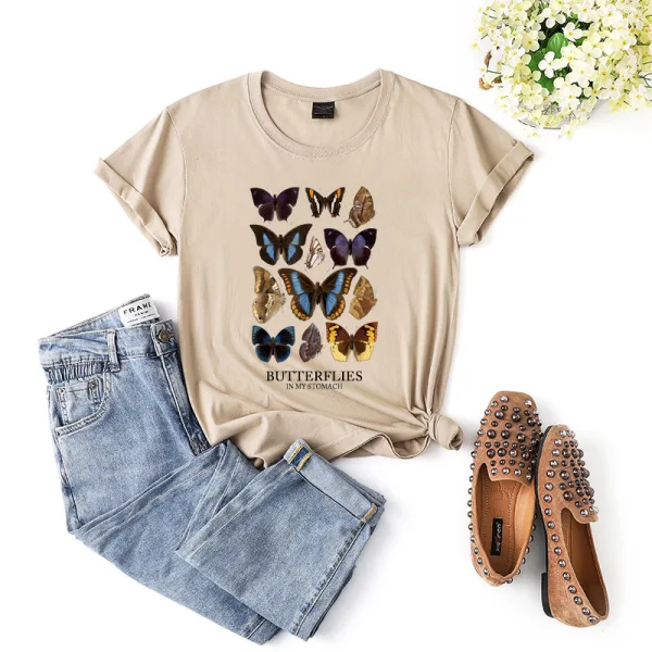 Fashion Street Wear Khaki Summer Loose Butterfly Printing Cotton T-Shirts 2021 Scoop Neck Short Sleeve Women's Tops T-shirt
