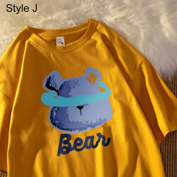 Summer Street Wear White Cartoon Loose T-Shirts 2021 Cotton Scoop Neck Short Sleeve Women's Tops