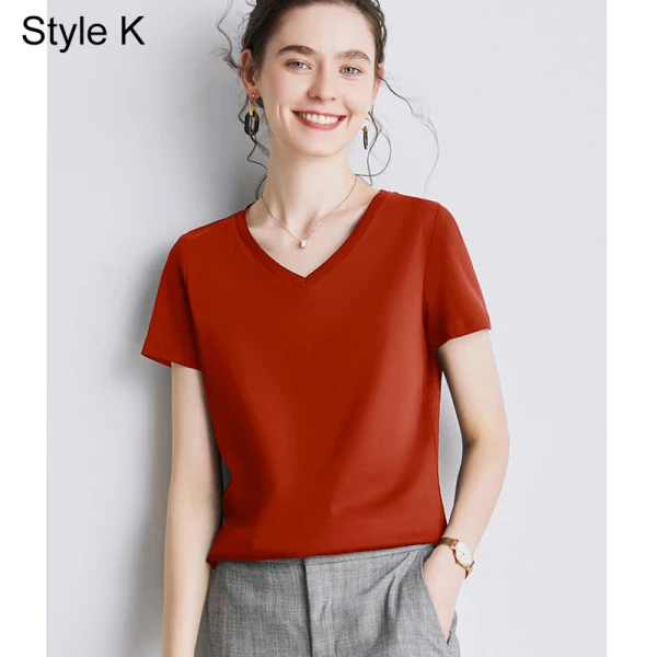 Modest / Simple Summer Casual OL White Regular T-Shirts 2021 Cotton V-Neck Short Sleeve Women's Tops T-shirt