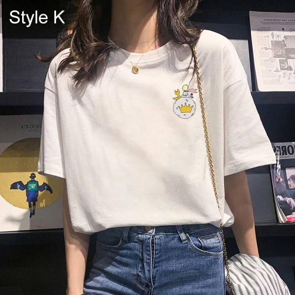 Désinvolte Vêtement de rue Blanche Dessin animé Impression Ample T-Shirts 2021 Coton Encolure Dégagée Manches Courtes Hauts pour Femmes T-shirt