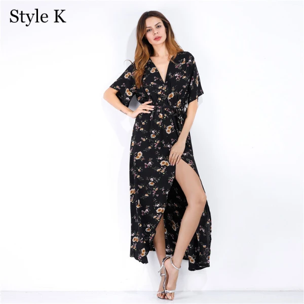 Summer Black Street Wear Beach Floral Maxi Dresses 2021 V-Neck Short Sleeve Women Dresses