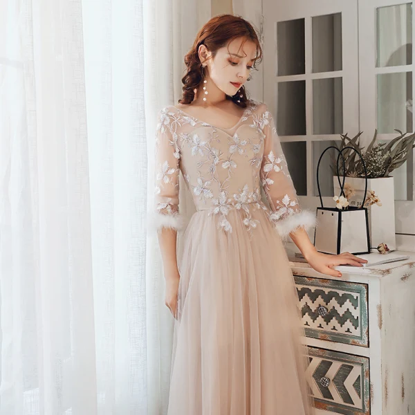 Chinese style Elegant Blushing Pink Embroidered Bridesmaid Dresses 2021 A-Line / Princess Scoop Neck 3/4 Sleeve Floor-Length / Long Wedding Party Dresses