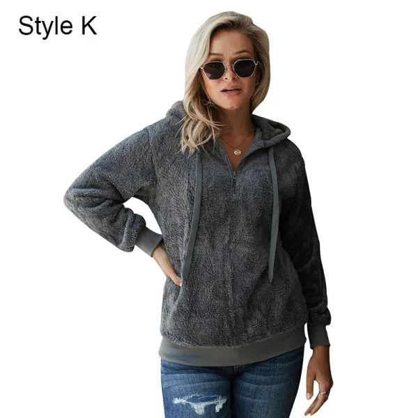 Fashion Fall Winter Street Wear Grey Plush Sweatshirts 2021 Loose V-Neck Long Sleeve Women Tops