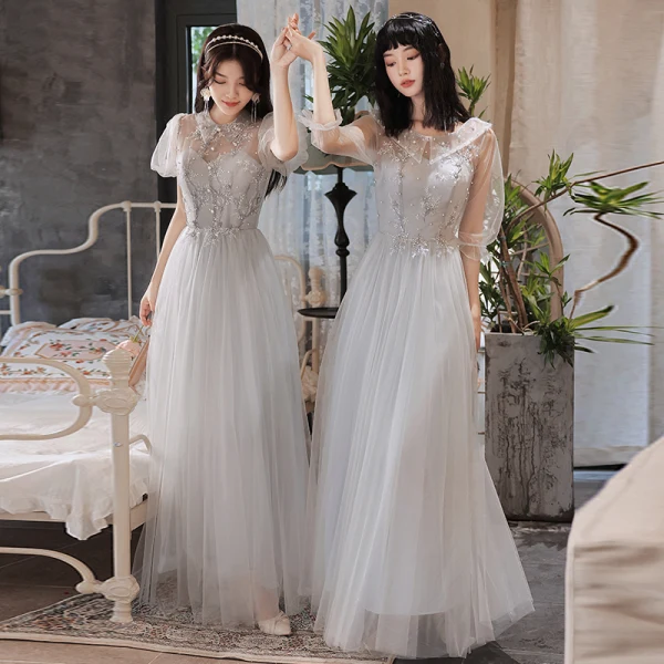 Chic / Beautiful Grey Pearl Lace Flower Bridesmaid Dresses 2021 A-Line / Princess Short Sleeve Backless Floor-Length / Long Bridesmaid Wedding Party Dresses