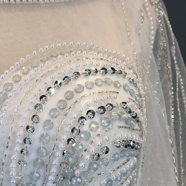Luxe Ivoire Robe De Soirée 2018 Trompette / Sirène Perlage Perle Faux Diamant Paillettes Encolure Dégagée Dos Nu 3/4 Manches Train De Balayage Robe De Ceremonie
