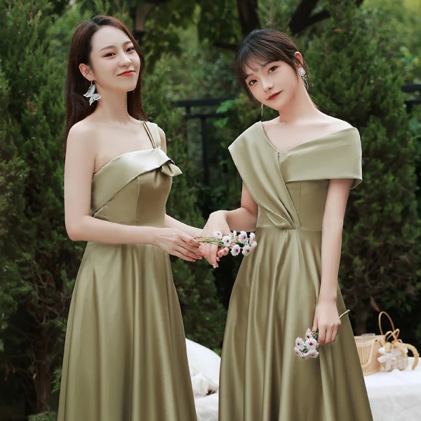 Modest / Simple Olive Green Satin Bridesmaid Dresses 2021 A-Line / Princess Short Sleeve Backless Floor-Length / Long Wedding Party Dresses