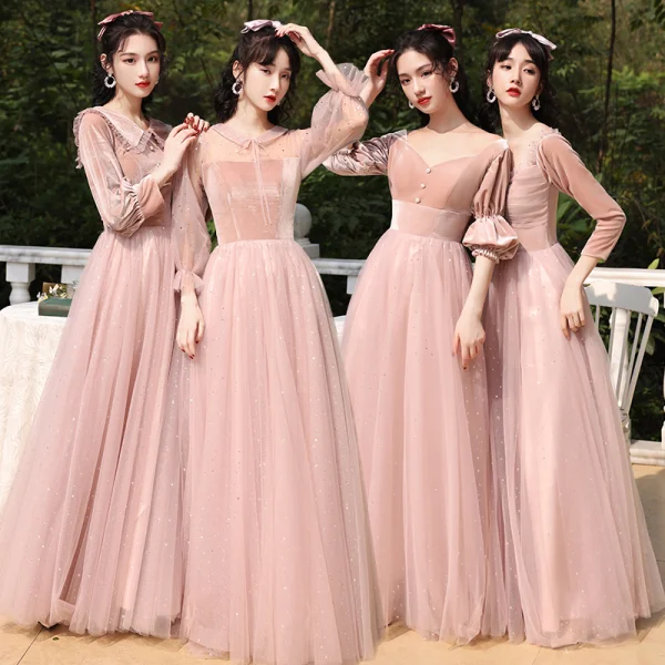 Chic / Beautiful Dusky Pink Suede Bridesmaid Dresses 2022 A-Line / Princess Pearl Sequins Long Sleeve Backless Floor-Length / Long Wedding Party Dresses