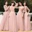 Chic / Beautiful Dusky Pink Suede Bridesmaid Dresses 2022 A-Line / Princess Pearl Sequins Long Sleeve Backless Floor-Length / Long Wedding Party Dresses