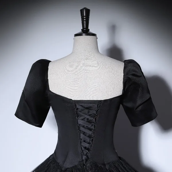Elegant Black Prom Dresses 2022 Ball Gown Square Neckline Puffy Short Sleeve Star Sequins Backless Floor-Length / Long Formal Dresses