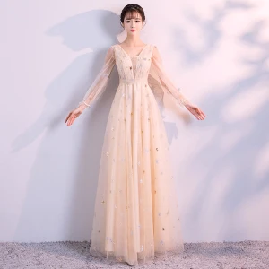 Elegant Champagne Selskapskjoler 2018 Empire V Hals Langermede Perle Glitter Stjerne Lange Buste Ryggløse Formelle Kjoler