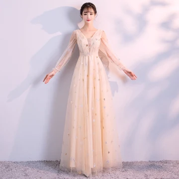 Élégant Champagne Robe De Soirée 2018 Empire V Cou Manches Longues Perle Glitter Étoile Longue Volants Dos Nu Robe De Ceremonie