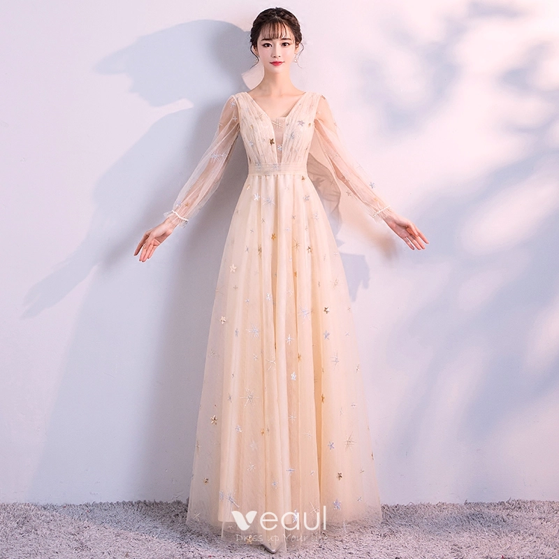 Elegant Champagne Evening Dresses 2018 Empire V Neck Long Sleeve Pearl Glitter Star Floor Length Long Ruffle Backless Formal Dresses