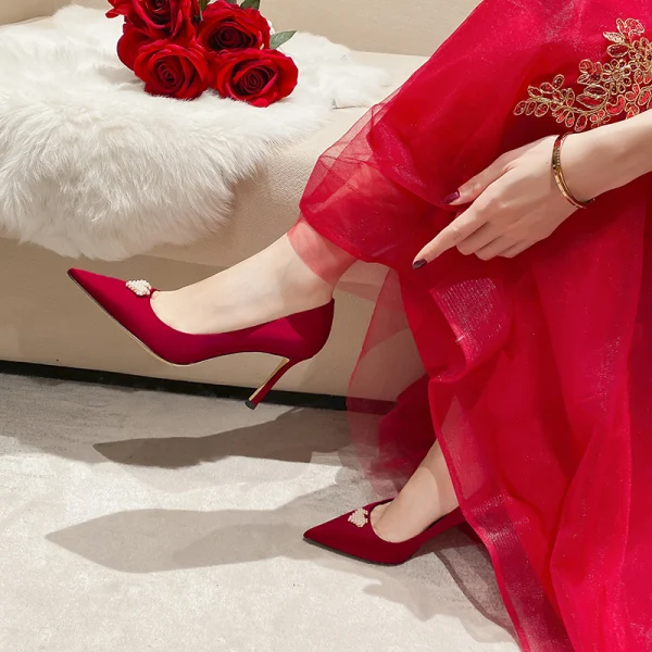 Chinese style Red Pearl Wedding Shoes 2021 Leather 9 cm Stiletto Heels Pointed Toe Wedding Pumps High Heels