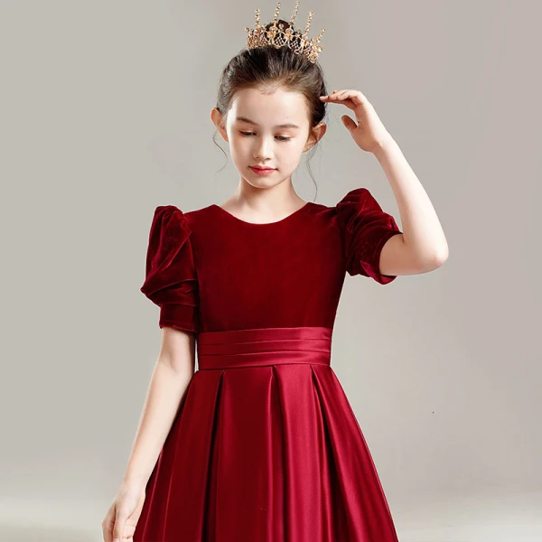 Elegant Black Suede Satin Birthday Flower Girl Dresses 2022 Ball Gown Scoop Neck Short Sleeve Sash Floor-Length / Long Flower Girl Dresses