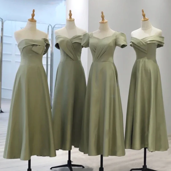 Modest / Simple Sage Green Bridesmaid Dresses 2021 A-Line / Princess Off-The-Shoulder Short Sleeve Floor-Length / Long Bridesmaid Wedding Party Dresses