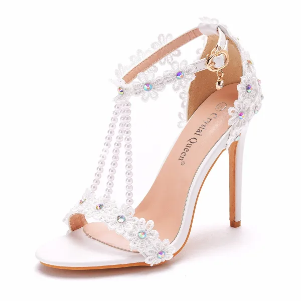 Charmant Blanche En Dentelle Fleur Chaussure De Mariée 2021 Faux Diamant Perle T-Strap 11 cm Talons Aiguilles Peep Toes / Bout Ouvert Mariage Talons Hauts