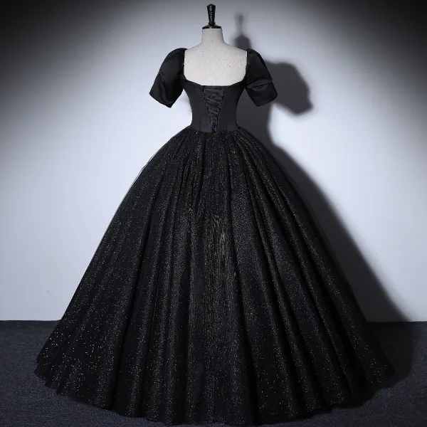 Elegant Black Prom Dresses 2022 Ball Gown Square Neckline Puffy Short Sleeve Star Sequins Backless Floor-Length / Long Formal Dresses