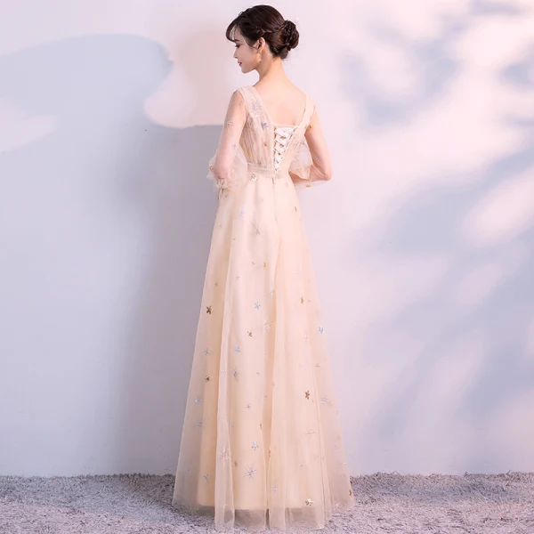 Elegant Champagne Evening Dresses 2018 Empire V-Neck Long Sleeve Pearl Glitter Star Floor-Length / Long Ruffle Backless Formal Dresses